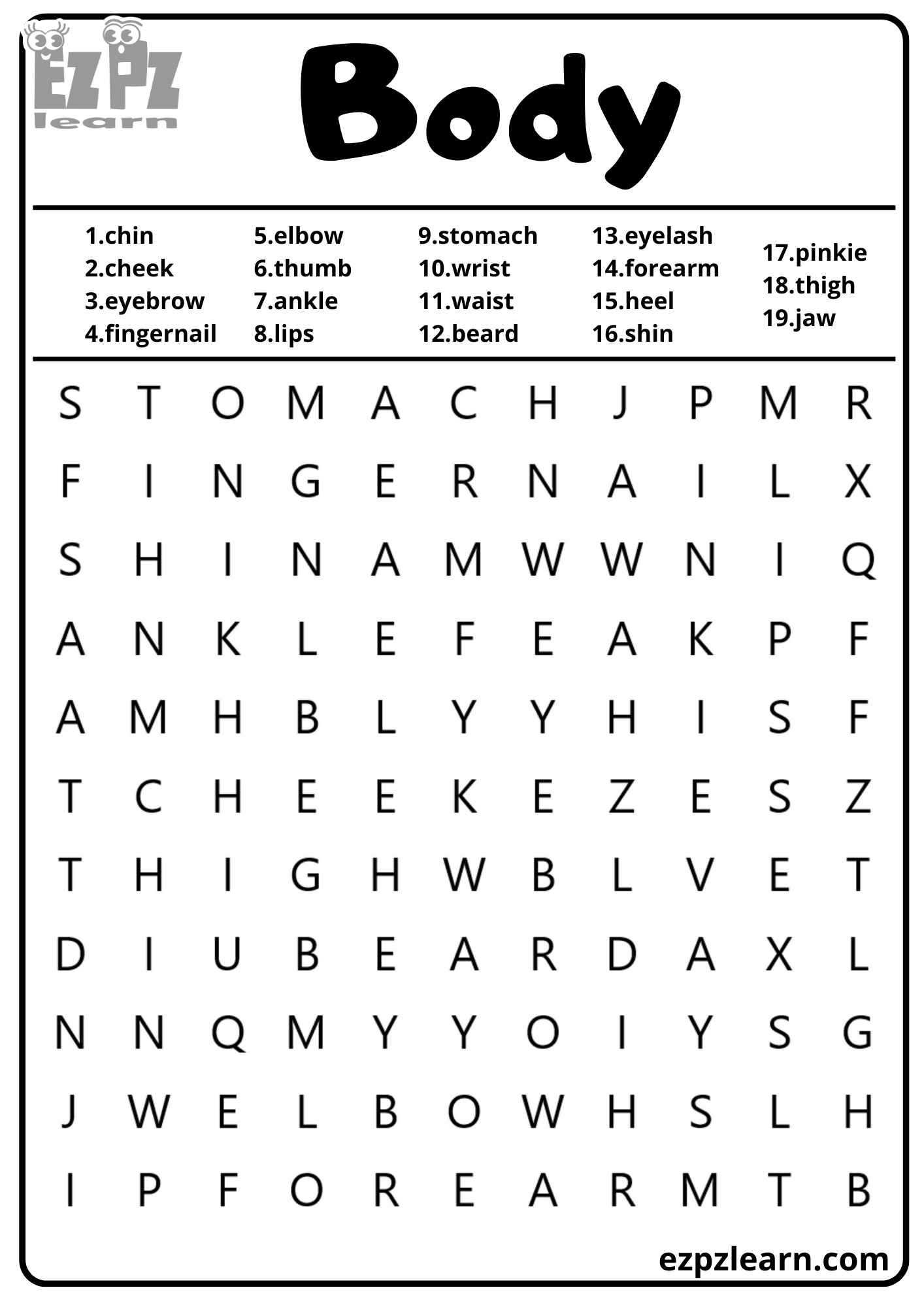 My Body Vocabulary Word Search 19 Words For Kids and ESL Free PDF Download